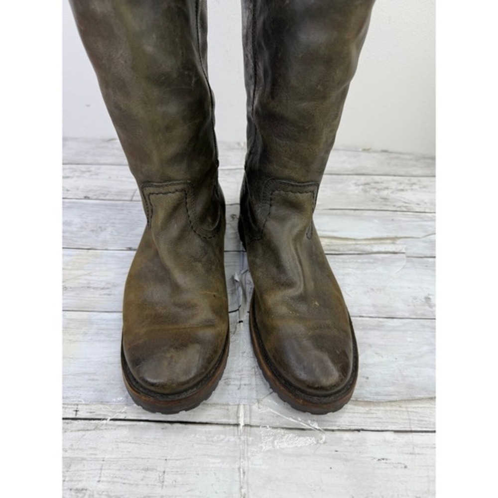 Frye Melissa Lug Tall Boots Olive Green Distressed Leather Equestrian Pull On